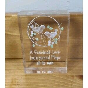 Vintage Lucite Plastic Reverse Carved Paperweight Floral Grandma Love Has Magic